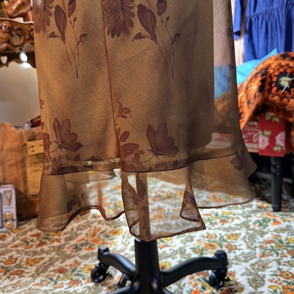 Vintage Y2K Gold Brown Floral Midi Dress Sheer Trim V Neck Whimsygoth Size 10 - Picture 9 of 12